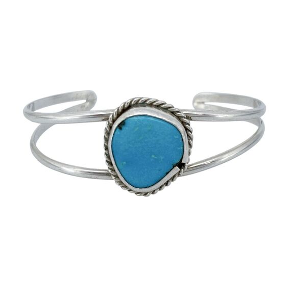 Vintage Sterling Silver 925 Rope Frame Turquoise Cuff Bracelet 6" - Picture 2 of 8